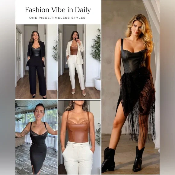 Popilush Leather Corset Lace Shapewear Bodysuits Tummy Control Faux Leather - Picture 2 of 9